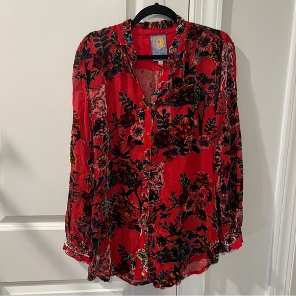 NWT $328 Johnny Was Silk M Red Yoella Burnout Tunic Top - Picture 4 of 9